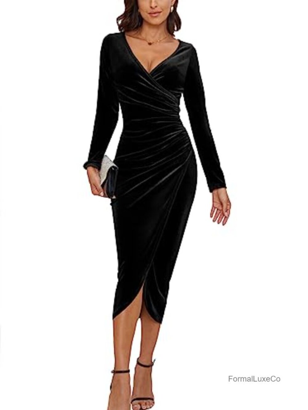 Womens V Neck Wrap Velvet Long Sleeve Maxi Dress Stretch Bodycon